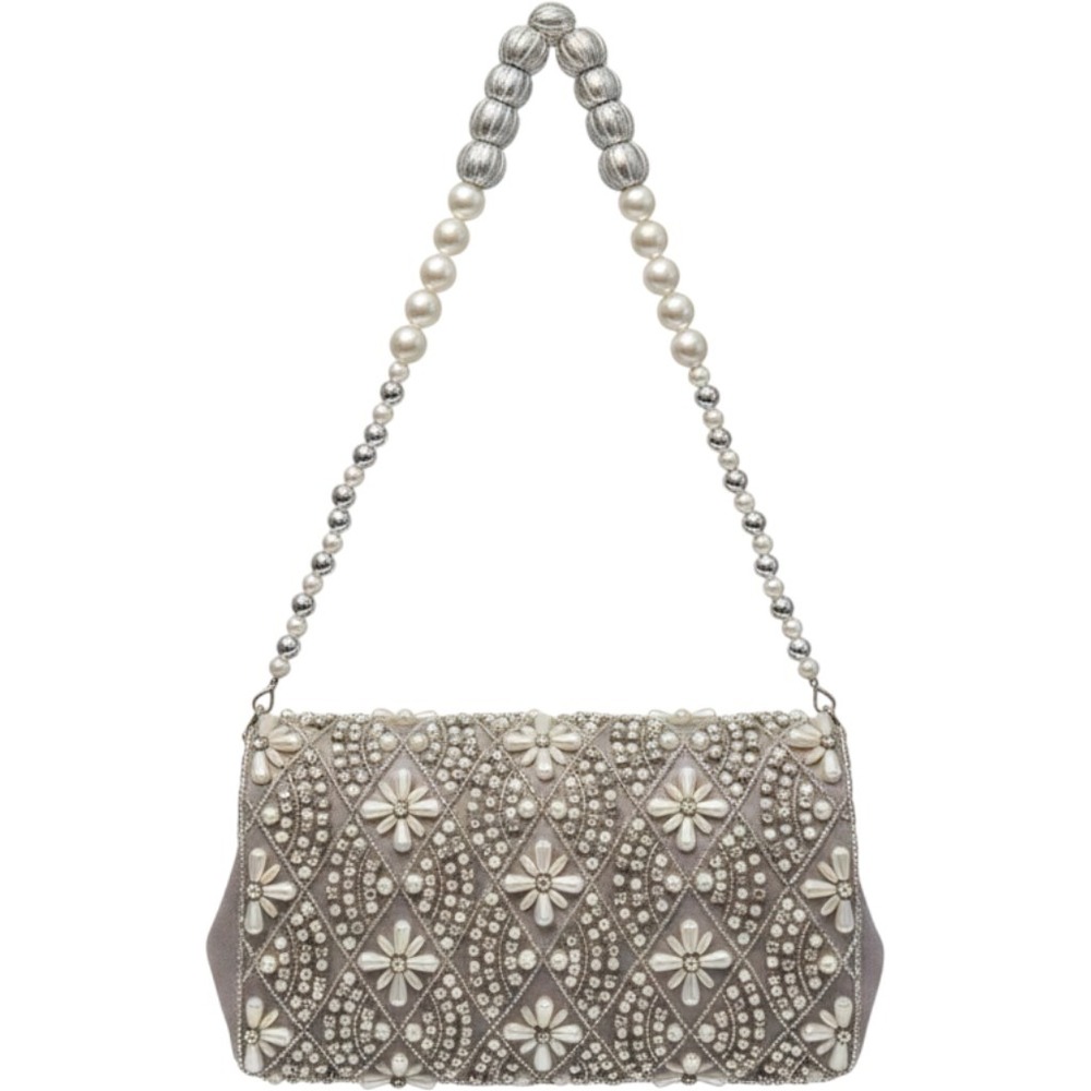 Beautiful Grey Beaded Bag With Dangling Pearl Beads Shoulder Purse